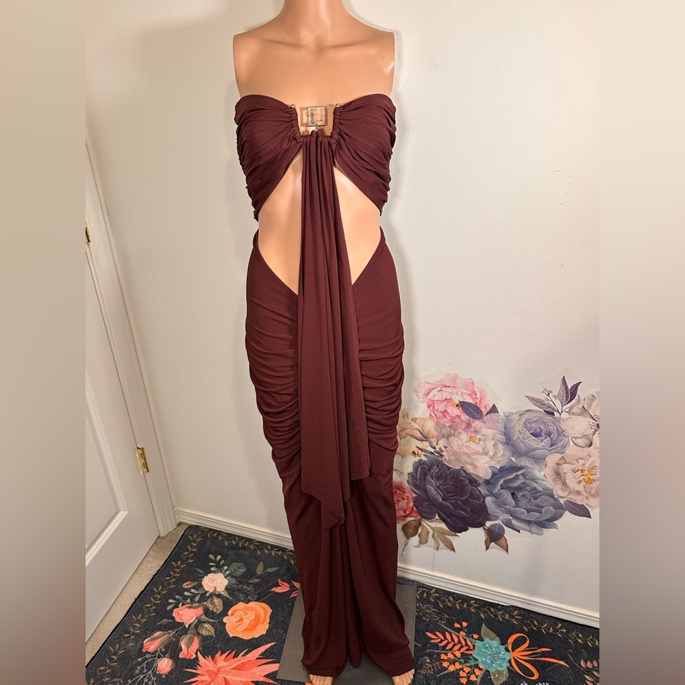 New Christopher Esber Bezel Quartz Disconnect Dress in Mahogany maxi cutout